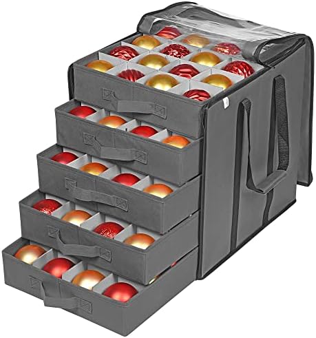 ProPik Christmas Ornament Storage Boxes with Dividers - 5 Separate Trays - Ornament Holder - Keeps 100 Holiday Ornaments - Durable Carrying Bag Handles Organizer Storage Box (Gray) by ProPik