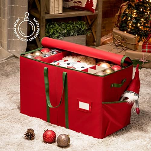 ZOBER Large Christmas Ornament Storage Box - Stores 80 3" Ornaments, With Dividers - With Large Compartment for Figurines, and Accessories, Durable Christmas Containers Holder (Red, 80-3" Ornaments) - Image 2