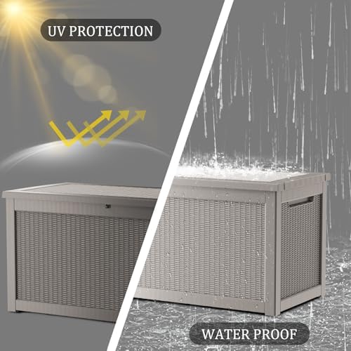 320 Gallon Deck Boxes Outdoor Waterproof, Outdoor Storage Box with Lockable Lid & UV-Resistant for Patio Furniture, Outdoor Cushions, Garden Tools and Pool Supplies, Light Brown - Image 3