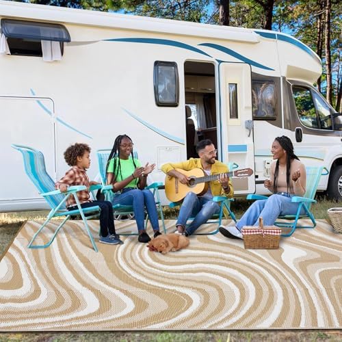 10x20 Large Outdoor Patio Rug Modern Abstarct Plastic Straw Outdoor Rugs Waterproof Foldable UV Resistant Camping Reversible Mats for Deck, Camper, Balcony, Beach, Rv，Brown/Coffee/White - Image 4