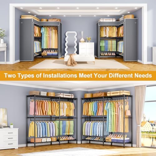 ULIFHOME E15C Garment Rack L Shaped Clothes Rack for Corner，Freestanding Clothing Racks for Hanging Clothes，Heavy Duty Closet Organizer 43.4"W x 15.8"D x 78.4"H，Black Rack with Grey Dustproof Cover - Image 5