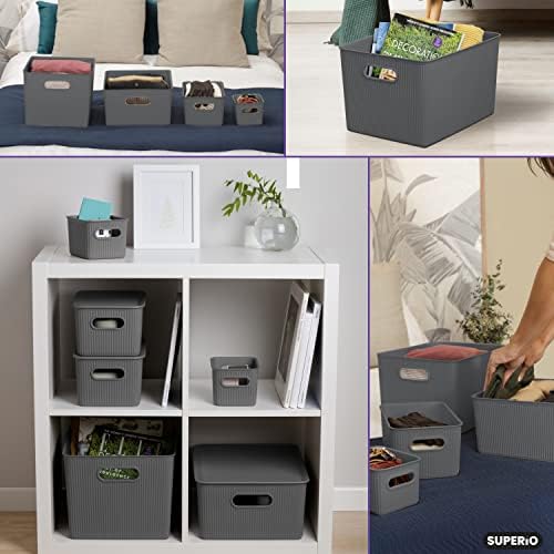 Superio Ribbed Collection - Decorative Plastic Basket Open Home Storage Bins Organizer, Grey (Set of 3) 1 X-Large, 1 Large, 1 Medium - Container Boxes for Organizing Closet Storage Bins for Shelves - Image 3