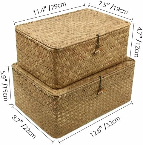 Wicker Storage Baskets with Lid, Set of 2 Handwoven Seagrass Household Organizer Basket Bins Decorative Boxes Storage Containers for Shelves Drawers Desk Closet Pantry Playroom Classroom - Image 2