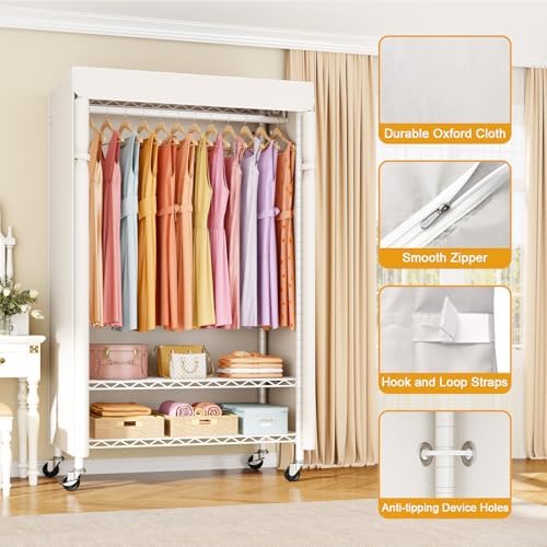 ULIFHOME P6C Rolling Clothes Rack with Cover, 3-Tier Covered Clothing Rack - Image 6