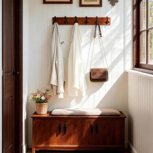 WEBI Rustic Coat Rack Wall Mount,24" Long 6 Cast Iron Coat Hooks Wall Mounted,Heavy Duty Farmhouse Wood Coat Hanger Wall Antique Vintage Hooks for Hanging Jacket,Clothes,Backpack,Cherry - Image 6