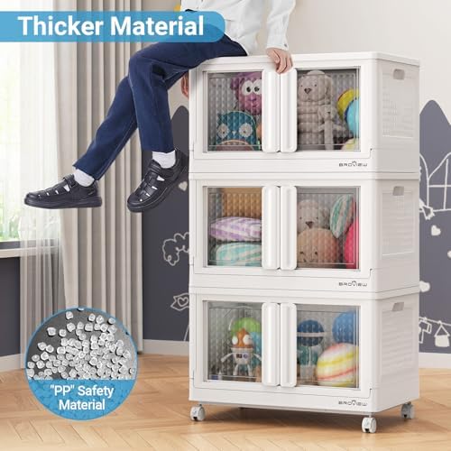 BROVIEW 400 Qt Stackable Storage Bins with Lids & Doors, 4 Pack Plastic Closet Organizer and Storage Drawers with Wheels, Large Collapsible Storage Boxes, Cabinet for Home, Office, V10, White - Image 5