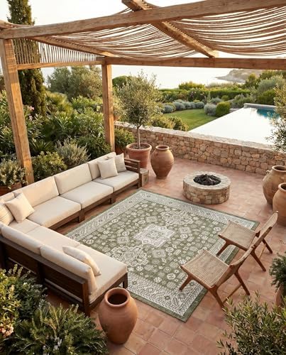 Rugs.com - Outdoor Aztec Rug – 8 Ft Square Green Washable Indoor/Outdoor Rug – Weather Resistant Flatweave for Patios, Decks, and Porches - Image 5
