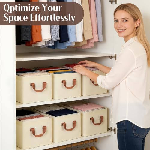 VZZNN 10 Pack Fabric Storage Bins for Shelves, Medium Closet Organizer Baskets with Sturdy Handles, Collapsible Clothes Bins for Closet Organization, Beige 15"x10"x8" - Image 7