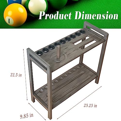 Pool Stick Holder Floor Stand Holds 9 Cues & Pool Table Accessories. Wooden 2-Tier Cue Stick Storage with Ball Rack Hangers, Billiard Cone Chalk Holder or Drink Pads - Image 4