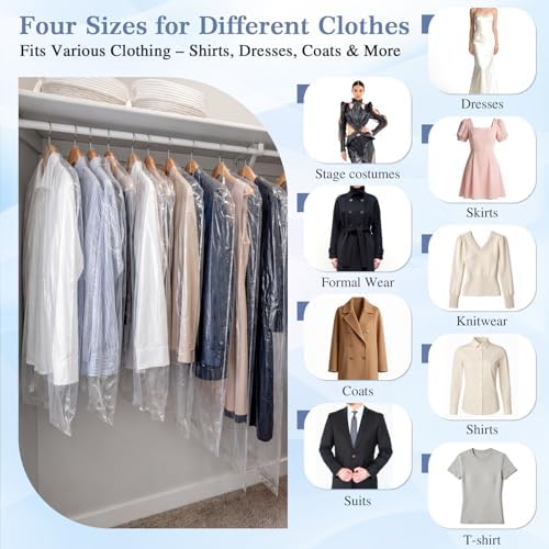 200 Packs Garment Bags for Hanging Clothes, 35"/40"/60"/70" Clear Plastic Dry Cleaner Bags for Shirt, Long Dress, Coat, Closet Storage, Waterproof Dustproof Suit Covers for Closet Travel Moving - Image 4