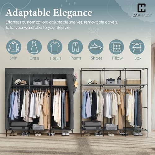 CAPHAUS 67-Inch Clothing Rack with Cover, Portable Closet Wardrobe, Covered Garment Rack for Hanging Clothes, 285LB Capacity Heavy-Duty Metal Frame Clothes Organizer Rack with Storage Shelves - Image 7