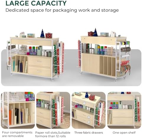 Wrapping Paper Storage & Organizer, Craft Cart with Ribbon & Gift Bag Storage, Wrapping Paper Organizer Holder(3 Wooden Drawers- Oak) - Image 4