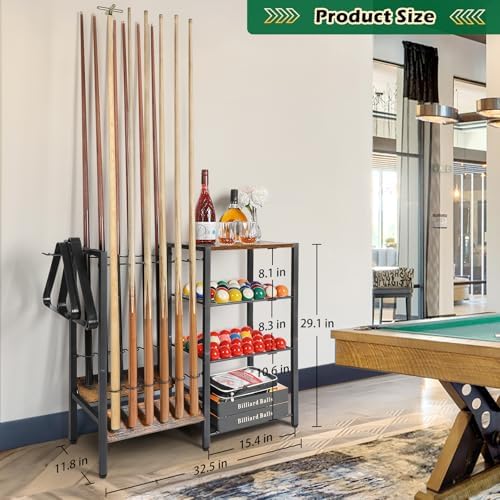 Pool Stick Holder Rack Stand for 12 Cue Sticks -Large Billiards Game Room Storage with Organizer for Balls, Triangle,Pool Table Accessories - Heavy Duty Cue Stick Holder Floor Stand for Home or Bar - Image 6