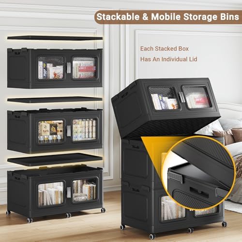 BROVIEW 450Gal Storage Bins, 1800Qt Extra Large Stackable Storage Box with Lids & Wheels - Heavy Duty Collapsible Plastic Cabinets, Open Front Door for Sundries in Home & Office, Black 6 Pack - Image 5