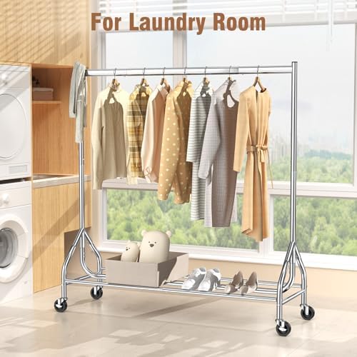 EAGMAK Heavy Duty Clothes Rack Load 420 LBS, Rolling Garment Rack with Lockable Wheels, Standing Metal Clothing Rack, Portable Wardrobe Sturdy Coat Rack for Hanging Clothes (Silver, 59″×18.9″×63″) - Image 6