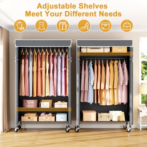 ULIFHOME P6C Rolling Clothes Rack with Cover, 3-Tier Covered Clothing Rack - Image 3