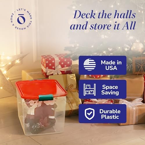 HOMZ Holiday Tote Plastic Storage Bin with Lid, 31 Qt, Clear/Red, 4 Pack - Image 5