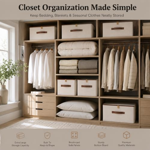 Tuza 3 Pcs Rigid Storage Bins with Zipper Lid, Cotton Linen Fabric Storage Boxes, Foldable Shelves Clothes Storage Cubes with Handles for Wardrobe, Closet(Beige, 56L) - Image 5