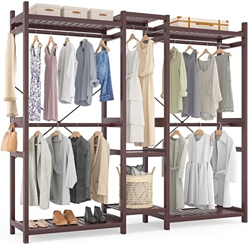 Homykic Bamboo Clothing Rack with 7 Shelves, 5 Rods, 70” Wide, Espresso by Homykic