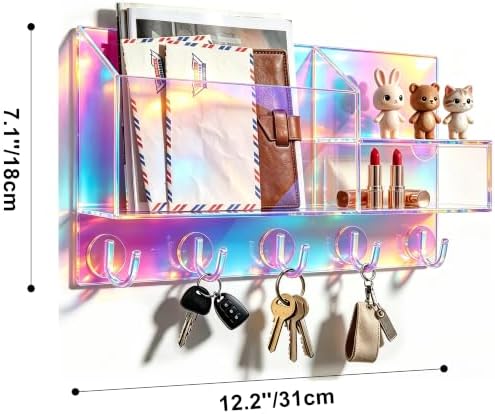 Acrylic Key Holder Wall Mount Mail Organizer for Wall with Shelf Storage Drawer and 5 Hooks, Iridescent - Image 7