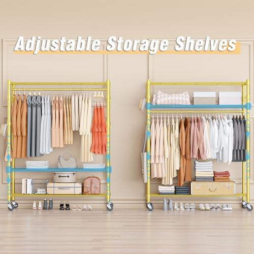 Homdox Gold Heavy Duty Clothes Rack with Wheels, 3-Tier Rolling Metal Garment Organizer with Double Hanging Rods & Hooks, Freestanding Portable Closet, 17.72" D x 47.24" W x 80.71" H - Image 4