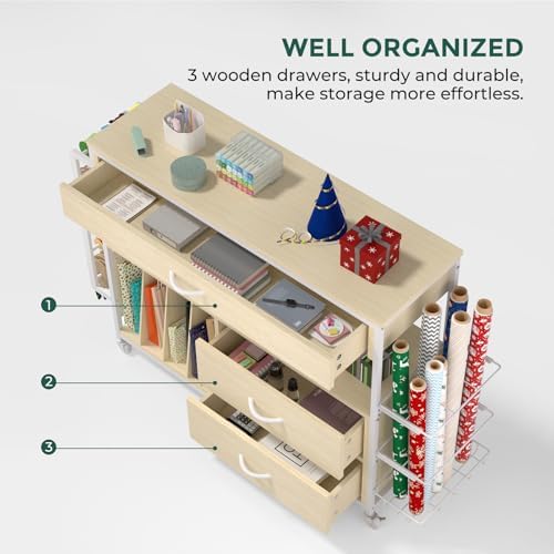 Wrapping Paper Storage & Organizer, Craft Cart with Ribbon & Gift Bag Storage, Wrapping Paper Organizer Holder(3 Wooden Drawers- Oak) - Image 3