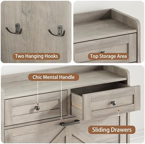 Shoe Cabinet with 2 Flip Drawers & 2 Top Drawers, 43" Tall Freestanding Narrow Wooden Shoe Storage Organizer for Entryway, Hidden Slim Shoe Rack for Front Door Entrance, Hallway, Living Room, Grey - Image 6