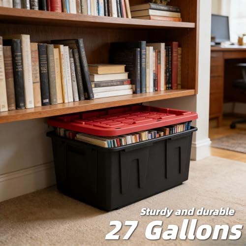4-Pack 27 Gallon Heavy Duty Storage Bins Durable Polypropylene Plastic with Snap Lock Lids Stackable Large Capacity Organizers Garage Basement Multi-Purpose Storage Containers Black and Red - Image 7
