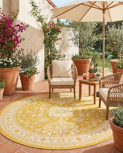 Rugs.com - Outdoor Aztec Rug – 10 Ft Round Yellow Washable Indoor/Outdoor Rug – Flatweave Tribal Design for Patios, Decks, and Porches by Rugscom