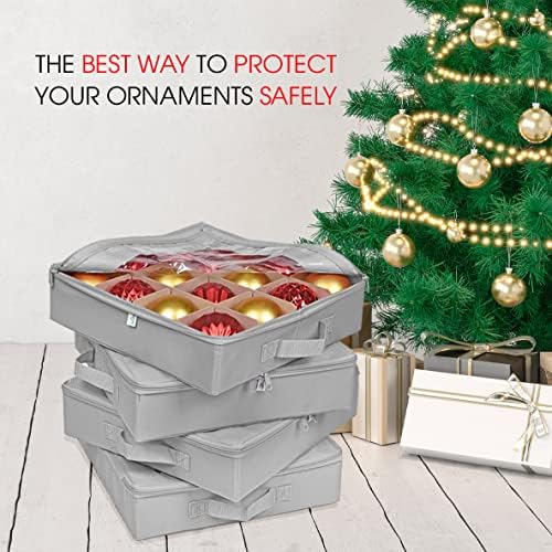 ProPik 4 Pcs Christmas Ornament Storage Boxes with Dividers, Transparent Top Zipper Closure, 4 Individual Ornament Holder Trays, Keeps 64 Holiday Ornaments, Ornament Organizer Storage Box (Gray) - Image 6