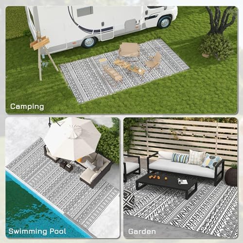 Outsunny Outdoor Rug for Patio Waterproof, 9' x 18', Gray & Cream Boho - Image 6