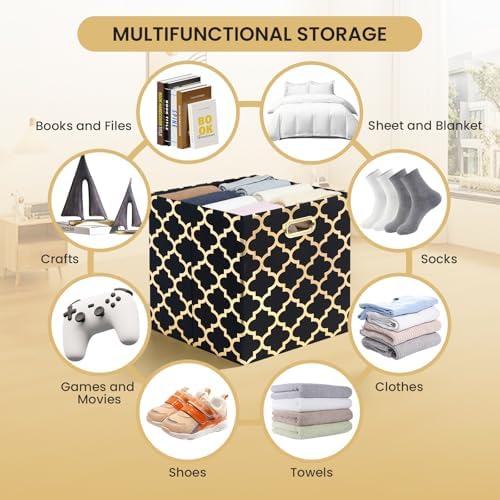 Posprica 11x11x11 Storage Cube Bins, Collapsible Storage Bins Fabric Storage Cubes Organizer Baskets Box Drawers for Shelves, Closet, Wardrobe, Bookshelf, Cabinet (Set of 4, Black/Gold lantern) - Image 5