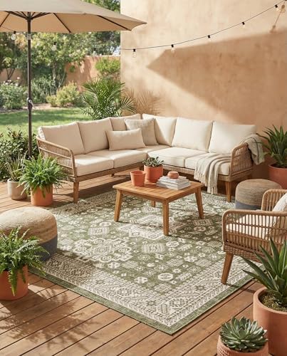 Rugs.com - Outdoor Aztec Rug – 8 Ft Square Green Washable Indoor/Outdoor Rug – Weather Resistant Flatweave for Patios, Decks, and Porches by Rugscom