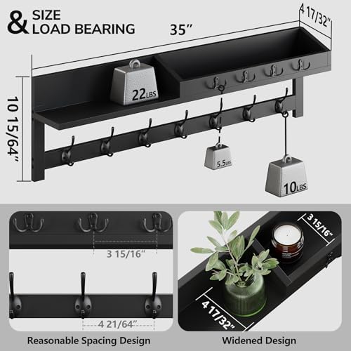 AMBIRD 35 inch Wall Hooks with Shelf, Coat Rack Wall Mount, Large Coat Hanger for Wall, Entryway Shelf with 7 Dual Coat Hooks, 4 Key Hooks and Mail Organizer, Wooden Key Holder Rack (Black) - Image 5