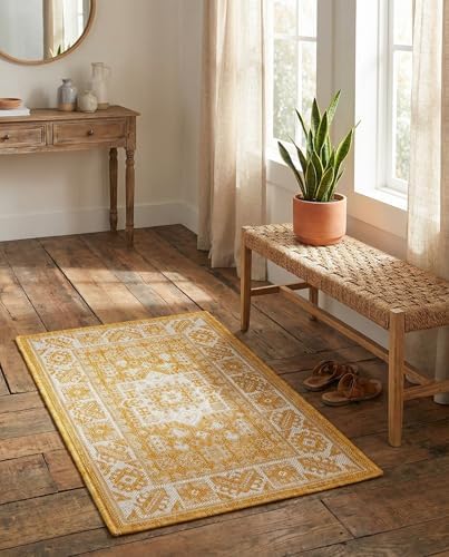 Rugs.com - Outdoor Aztec Rug – 2' x 3' 1 Yellow Indoor/Outdoor Rug – Weather Resistant for Patios, Decks, and Porches - Image 4