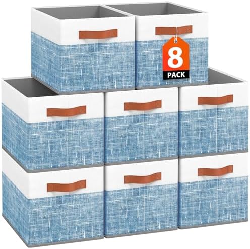 Fab totes Collapsible Storage Baskets for Shelves,14"x10", 8 Pack Foldable Fabric Storage Bins with Double Leather Handles, Large Baskets for Organizing Books, Clothes, White & Blue by Fabtotes
