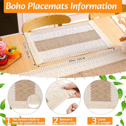 6 Sets Boho Placemat Table Runner Napkin Rings, Khaki, 12x72 - Image 3