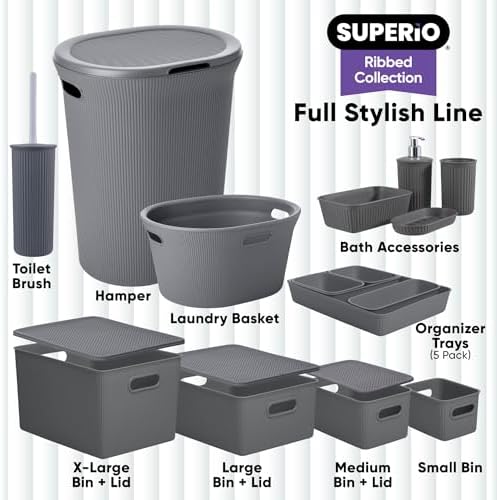 Superio Ribbed Collection - Decorative Plastic Basket Open Home Storage Bins Organizer, Large Grey (2 Pack) Container Boxes for Organizing Closet Storage Bins for Shelves 15 Liter/16 Quart - Image 6