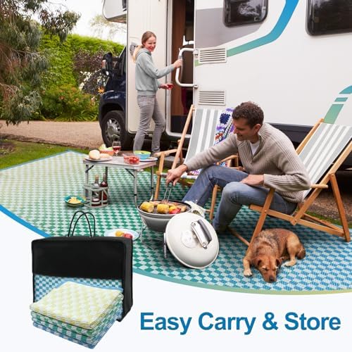 Wonnitar Waterproof 9x12 Outdoor Rug - Blue Yellow Gradient Geometric Patio Rug, Extra Large Plastic Straw Carpet for Balcony Beach Garden Deck, Reversible Outdoor RV Camping Mat - Image 5