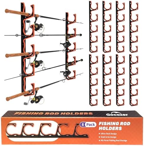 Gocozer Fishing Rod Holder for Garage, H5 Wall or Ceiling Mounted Fishing Pole Holders with Soft Protective Pad, Fishing Rod Storage Organizer, Horizontal Fishing Rod Wall Mount Nets Storage (8 PACK) by GOCOZER