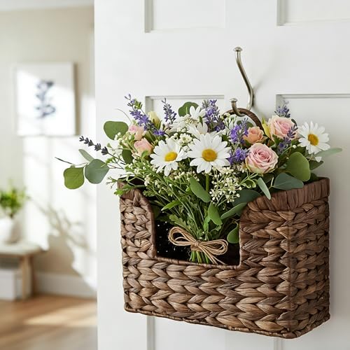 Set of 2 Magazine Holder Wall Basket Water Hyacinth Woven Mail Organizer, Wicker Wall Hanging Baskets for Magazines, Letters & Storage Decorative Mail Holder, Magazine Rack, Hanging Basket, Coffee - Image 5