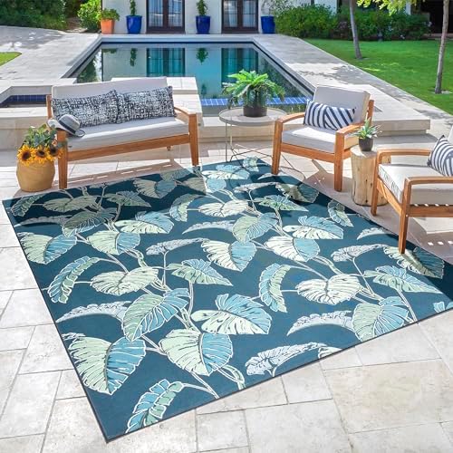 Gertmenian Premium Printed Indoor Outdoor Rugs by Reyn Spooner - 8x10 Ft Large, Soft, Durable, & Washable Tropical Rugs for Deck, Patio or Living Room - Monstera Leaf, Navy - Image 6