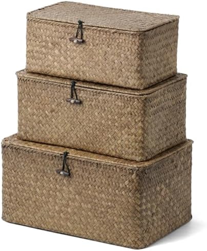 Nonam Wicker Storage Basket with Lid,Seagrass Shelf Basket Set of 3,Coffee by Home
