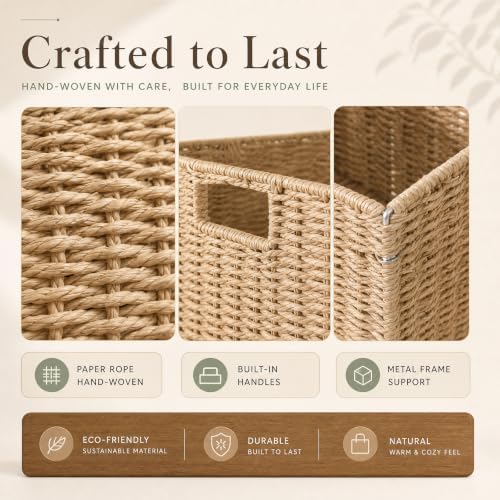 13x13x13 Inch Wicker Storage Basket Set of 2, FAAYUCK Handwoven Storage Cube Bins with Handle for Shelves, Foldable Wicker Organizer Basket for Bedroom, Laundry, Livingroom - Image 3