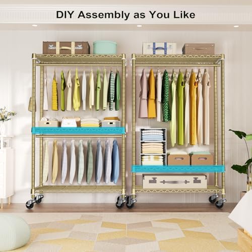 FUTASSI Rolling Clothes Rack, Clothing Racks for Hanging Clothes, Gold - Image 3