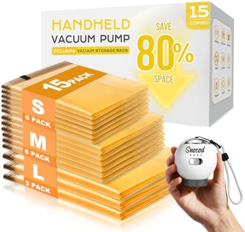 Travel Vacuum Bags with Pump, 15 Pack Vacuum Storage Bags for Clothing, Brushless Motor Type-C Rechargeable Pump, Compression Packing Bags for Travel, Closet and Home Storage, Cloud White by SNOCOD