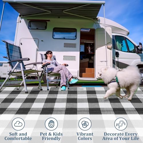 GlowSol Large Outdoor Rug 10x14 Plastic Straw Rug Waterproof UV Resistant Reversible Rug, Modern Black White Outdoor Checkered Rug, Foldable Camping Mat for Picnics, Beach, Backyard - Image 6