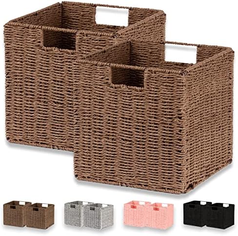 Vagusicc Wicker Basket, Set of 2 Hand-Woven Paper Rope Storage Baskets for Organizing, Foldable Cubby Storage Bins, 11 Inch Large Wicker Storage Basket, Square Baskets Cube Storage Organizer, Brown by Vagusicc