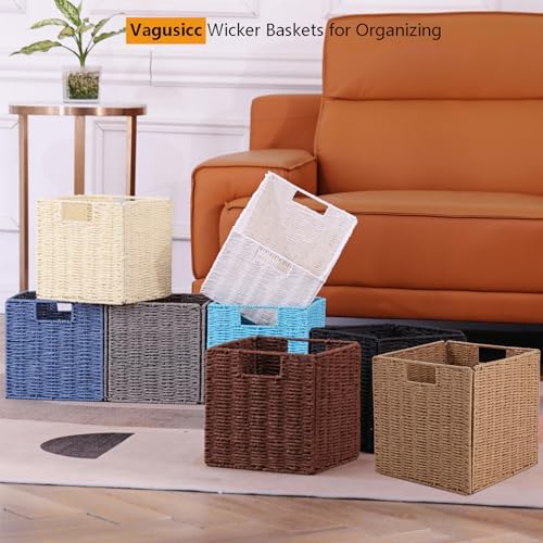 Vagusicc Wicker Storage Basket, Set of 2 Hand-Woven Paper Rope Storage Baskets, Foldable Cube Storage Organizer Bins, 11 Inch Wicker Storage Baskets for Shelves and Decor, Square Storage Basket, Beige - Image 6