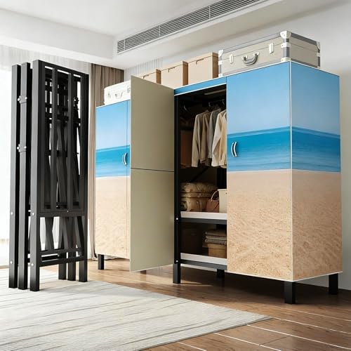 Heavy Duty Clothes Rack with Cover & Magnetic Doors, 1500lb Portable Wardrobe Closet - Foldable Garment Rack for Bedroom, Large Storage for Hanginng Dresses Jackets (Beach Blue, 49.2IN) by Lisdsoenk